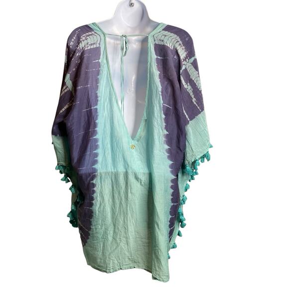 Vix Paula‎ Hermanny Women's Teal Tie Dye Silk Poncho Top Size S Resort Cover Up - Picture 2 of 12
